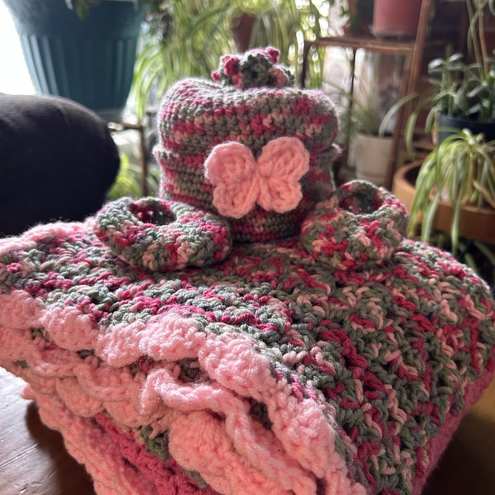 Handmade Pink and Green Crochet Baby Set